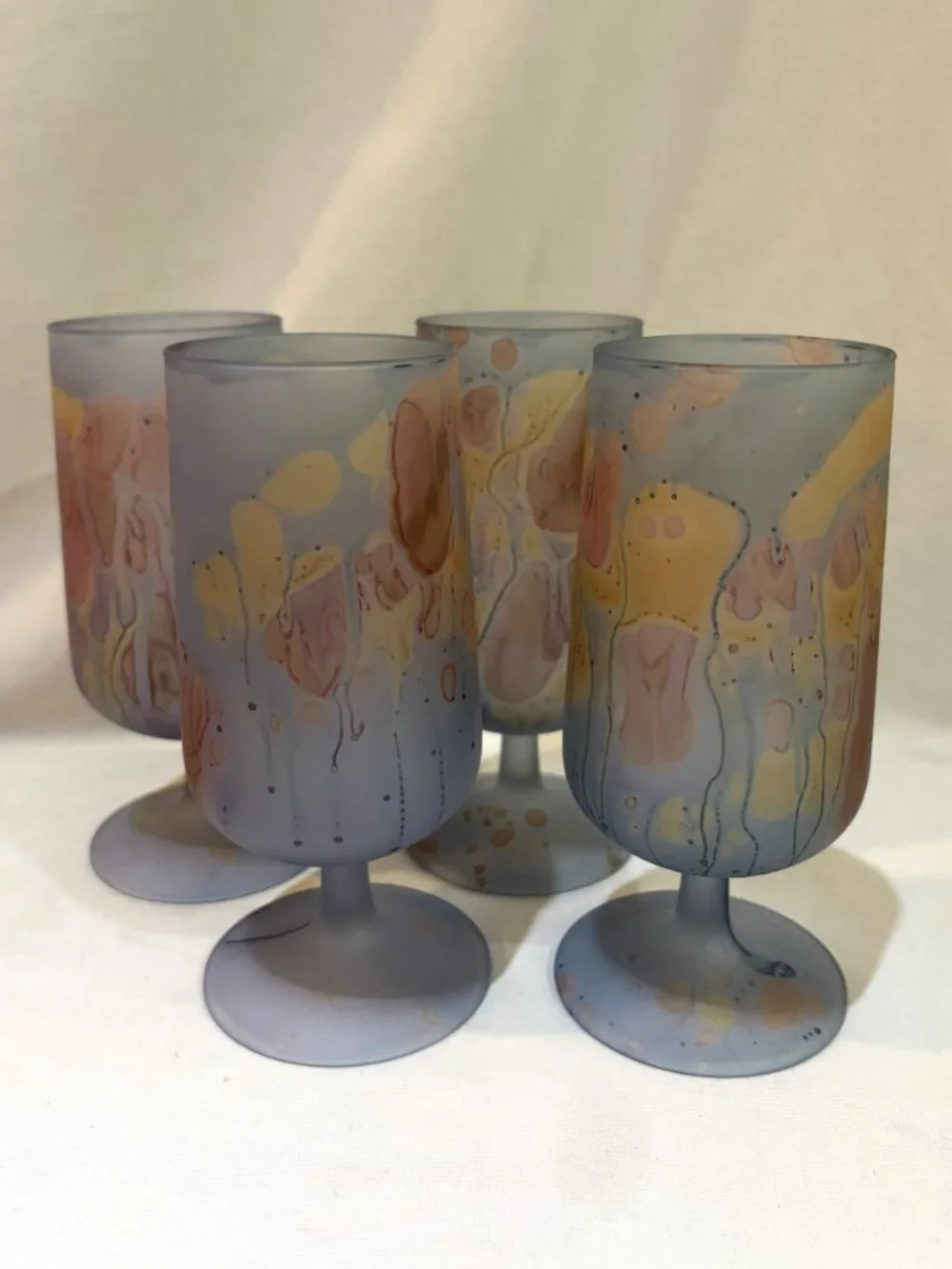 Reuven Glass Art Nouveau Hand Made Stem Wine Glasses Frosted Finish